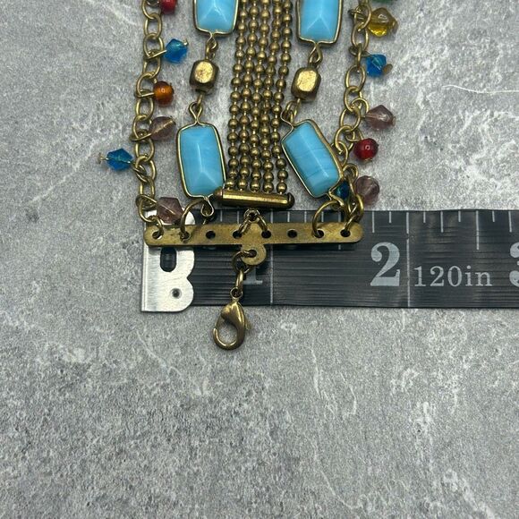 Vintage Brass Gold Tone Blue Beaded Rhinestones Chain Bracelet - Picture 13 of 14
